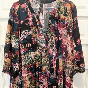 Melissa McCarthy Tuck Pleated Bib Floral Tunic Top with 3/4 Sleeves